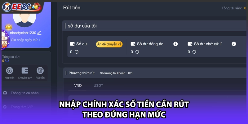 Nhập chính xác số tiền cần rút theo đúng hạn mức
