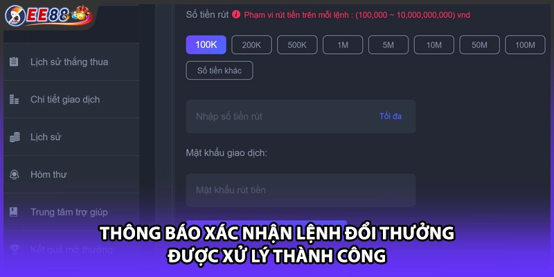 Thông báo xác nhận lệnh đổi thưởng được xử lý thành công